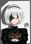  1girl absurdres artist_name bangs black_dress black_hairband blindfold border breasts character_name dress facing_viewer grey_background grey_border hair_between_eyes hairband highres juliet_sleeves lin_mingpoi long_sleeves medium_breasts nier_(series) nier_automata outside_border parted_lips puffy_sleeves short_hair signature silhouette silver_hair simple_background smile solo upper_body yorha_no._2_type_b 