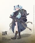  1girl ammunition_belt backpack bag baggy_clothes bangs black_footwear blue_coat blue_eyes blue_hair boots breasts brown_legwear character_name closed_mouth coat combat_knife frown full_body girls_frontline gun hair_bobbles hair_ornament highres holding holding_gun holding_weapon holster knife load_bearing_equipment looking_at_viewer m1895_cb_(girls_frontline) machine_gun official_art open_clothes open_coat pouch purple_eyes short_hair sidelocks socks solo trench_coat twintails walking weapon 
