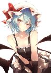  1girl alternate_costume apron bangs bare_shoulders bat_wings black_gloves black_skirt blue_hair blush bow breasts camisole collarbone commentary eyebrows_visible_through_hair gloves hair_between_eyes hat hat_ribbon head_tilt looking_at_viewer mob_cap pink_bow pointy_ears red_eyes red_ribbon remilia_scarlet ribbon sakusyo short_hair simple_background skirt skirt_set small_breasts solo spaghetti_strap touhou upper_body v_arms waist_apron white_apron white_background white_headwear wings 