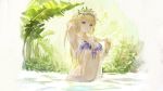  1girl adjusting_hair arm_up armpits babydoll bare_shoulders bikini blonde_hair blue_eyes bracelet branch collarbone front-tie_bikini front-tie_top granblue_fantasy hair_intakes hairband jeanne_d&#039;arc_(granblue_fantasy) jewelry leaf long_hair n.a. navel purple_bikini see-through solo swimsuit wading 