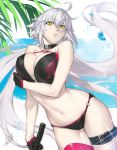  1girl ahoge azusa_(hws) beach bikini black_bikini black_gloves breasts choker cleavage commentary_request fate/grand_order fate_(series) gloves jeanne_d&#039;arc_(alter_swimsuit_berserker) jeanne_d&#039;arc_(fate)_(all) katana large_breasts long_hair navel o-ring o-ring_bikini o-ring_bottom o-ring_top ocean palms red_legwear silver_hair single_thighhigh solo swimsuit sword thigh_strap thighhighs very_long_hair weapon white_hair white_sky yellow_eyes 