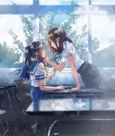  2girls blush chair cover eye_contact fly_(marguerite) hand_on_another&#039;s_cheek hand_on_another&#039;s_face long_hair looking_at_another multiple_girls ponytail reflection short_hair sitting smile standing student sunlight table teacher teacher_and_student tree watch window yuri 