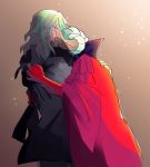  2girls absurdres bearsketches byleth_(fire_emblem) byleth_(fire_emblem)_(female) cape collar edelgard_von_hresvelg fire_emblem fire_emblem:_three_houses from_behind gloves green_hair head_down head_in_chest highres hug light_particles medium_hair multiple_girls red_cape red_gloves sidelighting silver_hair tiara upper_body 
