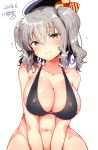  1girl 2016 bangs bare_shoulders beret black_bikini_top blue_headwear blush bottomless breasts cleavage closed_mouth collarbone covered_nipples dated eyebrows_visible_through_hair grey_eyes groin hair_between_eyes hat head_tilt ichihaya kantai_collection kashima_(kantai_collection) large_breasts navel out-of-frame_censoring shiny shiny_hair shiny_skin signature silver_hair simple_background v_arms white_background wide_hips 