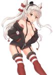  1girl amatsukaze_(kantai_collection) black_panties blush breasts brown_eyes hair_between_eyes hair_tubes hat highres hood hoodie k_jie kantai_collection lifebuoy long_hair looking_up mini_hat naked_hoodie navel open_mouth panties silver_hair simple_background small_breasts striped striped_legwear thighs two_side_up underwear white_background windsock 