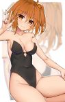  1girl bare_arms bare_legs bare_shoulders breasts bunnysuit cleavage collarbone commentary_request eyebrows_visible_through_hair fate/grand_order fate_(series) fujimaru_ritsuka_(female) hair_between_eyes hair_ornament hair_scrunchie highres looking_at_viewer medium_breasts navel one_side_up orange_eyes orange_hair orange_scrunchie scrunchie shuutou_haruka smile solo w 