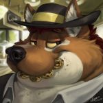  absurd_res anthro brown_fur canid canine canis chubby_cheeks clothed clothing cookie eating food fur hair hat headgear headshot_portrait headwear hi_res icon inside kygen male mammal overweight overweight_male portrait red_hair signature smile solo white_fur wolf 