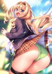  1girl ass bangs blazer blonde_hair blue_eyes blue_jacket blue_sky blurry blurry_background blush breasts brown_skirt curly_hair embarrassed eyebrows_visible_through_hair floating_hair green_panties hairband highres jacket large_breasts long_hair looking_at_viewer open_clothes open_jacket open_mouth original outdoors panties panties_day piromizu plaid plaid_skirt school_uniform shirt shoudou_erena sidelocks skindentation skirt sky solo tearing_up thigh_strap underwear 