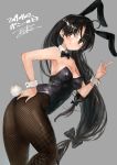  1girl alternate_costume animal_ears ass black_bow black_hair blush bow breasts brown_eyes bunny_ears bunny_girl bunny_tail bunnysuit closed_mouth dated fishnet_pantyhose fishnets grey_background hair_bow highres kantai_collection long_hair pantyhose shouhou_(kantai_collection) simple_background small_breasts smile solo tail toka_(marchlizard) very_long_hair 