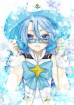  1girl aoi_(houkago_no_pleiades) blue_eyes blue_hair blush glasses hat hitomi_karera houkago_no_pleiades millipen_(medium) short_hair smile star traditional_media 