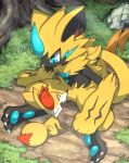  animal_ear_fluff animal_ears blue_eyes cat_ears cat_tail claws closed_eyes commentary_request fang fennekin full_body furry gen_6_pokemon grass happy legendary_pokemon looking_at_another looking_down makotou no_humans open_mouth outdoors pawpads paws pokemon pokemon_(creature) rock sitting smile sunlight tail tree whiskers zeraora 