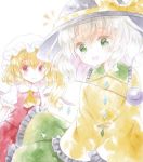  2girls :d black_headwear blonde_hair blouse blush cowboy_shot cravat eyebrows_visible_through_hair flandre_scarlet frilled_shirt_collar frilled_skirt frilled_sleeves frills green_eyes green_skirt hair_between_eyes hat hat_ribbon kagome_f komeiji_koishi long_sleeves looking_at_viewer mob_cap multiple_girls notice_lines open_mouth puffy_short_sleeves puffy_sleeves red_eyes red_skirt red_vest ribbon shirt short_hair short_sleeves side_ponytail simple_background skirt sleeves_past_fingers sleeves_past_wrists smile third_eye touhou traditional_media vest watercolor_(medium) white_background white_hair white_headwear white_shirt wings yellow_blouse yellow_neckwear 