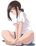  1girl barefoot black_eyes blush brown_hair casual dd_(ijigendd) feet fubuki_(kantai_collection) hands_on_feet highres indian_style kantai_collection looking_at_viewer low_ponytail open_mouth panties shirt shorts sitting solo toes underwear v_arms 