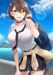  1girl absurdres azur_lane bag baltimore_(azur_lane) bangs black_skirt blue_sky braid breasts brown_hair buttons cardigan_around_waist choker cleavage cloud collarbone collared_shirt commentary_request day eyebrows_visible_through_hair french_braid hair_between_eyes highres large_breasts leaning_forward looking_at_viewer ocean open_mouth outdoors pleated_skirt sanba_tsui school_bag school_uniform shirt short_hair skirt sky solo sunlight white_shirt yellow_eyes 