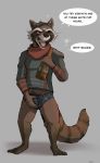  blush bottomless briefs clothed clothing delirost dialogue drunk grey_background grope guardians_of_the_galaxy male marvel rocket_raccoon simple_background solo substance_intoxication underwear 