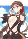  1girl absurdres bare_shoulders braid breasts brown_hair clothing_request collarbone commentary_request consort_yu_(fate) cowboy_shot ear_piercing fate/grand_order fate_(series) glasses gu_li hair_ornament hairclip highres large_breasts long_braid long_hair long_sleeves o-ring parted_lips piercing ponytail red_nails revealing_clothes single_braid solo very_long_hair 