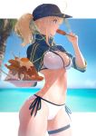  1girl ahoge artoria_pendragon_(all) baseball_cap beach bikini bikini_bottom bikini_top blonde_hair blue_eyes blue_sky breasts commentary_request corndog curry eating fate/grand_order fate_(series) food food_in_mouth fried_egg hat highres holding holding_food imizu_(nitro_unknown) jacket ketchup large_breasts long_hair mysterious_heroine_xx_(foreigner) navel ocean palm_tree plate ponytail rice shiny shiny_skin shrimp shrimp_tempura side-tie_bikini sidelocks sky solo swimsuit tempura thigh_strap tree upper_body 