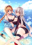  2girls ahoge ass asymmetrical_docking belt bikini black_bikini blonde_hair blue_eyes blush braid breast_press breasts cleavage cloud commentary_request fate/grand_order fate_(series) hairband highres honoka_chiffon jacket jeanne_d&#039;arc_(alter_swimsuit_berserker) jeanne_d&#039;arc_(fate)_(all) jeanne_d&#039;arc_(swimsuit_archer) large_breasts long_hair multiple_girls o-ring o-ring_bottom open_mouth parted_lips partially_submerged ponytail single_thighhigh sky smile swimsuit thighhighs thighs very_long_hair water white_hair yellow_eyes zipper 
