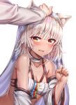  1girl absurdres altera_(fate) animal_ear_fluff animal_ears bandeau bare_shoulders blush breasts cat_ears collar collarbone commentary detached_sleeves fate/grand_order fate_(series) heart highres kemonomimi_mode long_sleeves looking_at_viewer open_mouth orange_eyes petting short_hair silver_hair simple_background small_breasts solo sunhyun upper_body veil wavy_mouth white_background 
