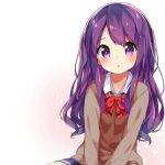  1girl :o blue_skirt blush cardigan child collared_shirt doki_doki_literature_club english_commentary eyebrows_visible_through_hair hair_ornament hairclip head_tilt highres hyakkimaru_(user_kdcg8485) long_hair looking_at_viewer open_mouth pleated_skirt purple_eyes purple_hair red_neckwear school_uniform shirt skirt solo white_shirt wing_collar younger yuri_(doki_doki_literature_club) 