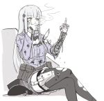  1girl bangs bleeding blood blood_on_face bruise bullet_hole cigarette cuts damaged girls_frontline green_eyes hair_ornament hat hk416_(girls_frontline) injury long_hair mechanical_arm middle_finger selby silver_hair sitting smoking solo torn_clothes torn_legwear weapon 