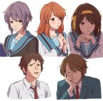  2boys 3girls a-ka asahina_mikuru brown_eyes brown_hair chin_rest closed_eyes closed_mouth commentary_request eyebrows_visible_through_hair hairband kita_high_school_uniform koizumi_itsuki kyon long_hair long_sleeves looking_at_viewer looking_to_the_side multiple_boys multiple_girls nagato_yuki necktie open_mouth orange_hair orange_hairband purple_hair red_neckwear school_uniform shirt short_hair simple_background suzumiya_haruhi suzumiya_haruhi_no_yuuutsu upper_body white_background white_shirt 