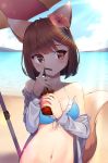  1girl animal_ears bangs bare_shoulders bikini blue_bikini blush breasts brown_eyes brown_hair commentary day drinking drinking_straw eyebrows_visible_through_hair flower fox fox_tail hair_flower hair_ornament hairclip highres jacket medium_breasts navel off-shoulder_jacket off_shoulder original outdoors raizen_(jung_0000) red_flower short_hair solo sun swimsuit tail umbrella upper_body 