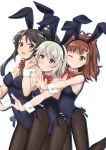  3girls animal_ears black_hair black_legwear black_leotard bow bowtie brown_eyes brown_hair bunny_ears bunny_girl bunny_tail bunnysuit commentary_request cowboy_shot detached_collar fishnet_pantyhose fishnets hair_ribbon high_school_fleet highres hiraizumi_(mugenkidousha) hug hug_from_behind irizaki_mei leotard long_hair matching_outfit multiple_girls pantyhose ponytail purple_eyes red_eyes red_neckwear red_ribbon ribbon short_hair silver_hair simple_background strapless strapless_leotard tail tateishi_shima white_background wrist_cuffs yanagiwara_maron 