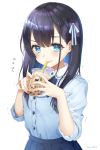  1girl black_hair blue_eyes blue_shirt blush breasts bubble_tea bubble_tea_challenge collared_shirt commentary_request cup disposable_cup drink drinking drinking_straw eyebrows_visible_through_hair hair_ornament hair_ribbon highres holding holding_cup long_hair looking_at_viewer original pleated_skirt ribbon school_uniform shiori_(xxxsi) shirt skirt sleeves_rolled_up small_breasts smile solo 