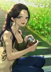  1girl :d artist_name bag bare_arms bare_shoulders black_hair blue_eyes blue_pants breasts camera cleavage denim green_shirt handbag highres holding holding_camera jeans long_hair looking_at_viewer medium_breasts open_mouth original pants plant ponytail shirt signature smile solo stairs sweat tajima_yukie tank_top teeth 