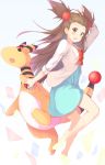  1girl :o ampharos bangs blue_dress blush bow brown_eyes brown_hair commentary_request dress from_side gen_2_pokemon gym_leader hair_ornament highres kurai_masaru long_hair mikan_(pokemon) open_mouth poke_ball pokemon pokemon_(creature) red_bow simple_background two_side_up white_background 