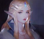  1girl banned_artist blonde_hair blue_eyes fur_trim highres lips long_hair looking_at_viewer parted_lips paul_kwon pointy_ears portrait princess_zelda sidelocks solo teeth the_legend_of_zelda triforce 