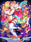  1girl ;d absurdly_long_hair aerial_fireworks ahoge animal arm_up armpits bare_shoulders bell blue_eyes blush breasts brown_hair cat cat_mask cat_tail chunithm cleavage commentary_request detached_sleeves fang fireworks fish floral_print food hair_ornament halter_top halterneck hand_up highres holding holding_food jingle_bell lantern large_breasts leg_belt long_hair long_sleeves looking_at_viewer mask mask_on_head midriff miniskirt mouse multicolored_hair navel one_eye_closed open_mouth paper_lantern platform_footwear pleated_skirt red_skirt revealing_clothes skirt smile solo stomach streaked_hair tail thighhighs tonito twintails very_long_hair watermark white_legwear zettai_ryouiki zouri 