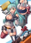  2girls alternate_costume amatsukaze_(kantai_collection) amatsukaze_(kantai_collection)_(cosplay) aqua_hair areola_slip areolae ass awa_yume blue_legwear blue_skirt breasts cleavage collar cosplay elbow_gloves gloves green_eyes hair_ornament hairclip hand_on_own_chest hand_on_own_leg high_heels highres iowa_(kantai_collection) iowa_(kantai_collection)_(cosplay) kantai_collection kneeling large_breasts long_hair looking_at_viewer luggage metal_collar midriff mismatched_legwear multiple_girls navel pleated_skirt red_legwear rudder_footwear shimakaze_(kantai_collection) shimakaze_(kantai_collection)_(cosplay) shiny shiny_hair sideboob sidelocks simple_background skirt straight_hair striped striped_legwear suzuya_(kantai_collection) thighhighs thong white_background 