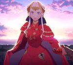  bangs blush breasts byleth_(fire_emblem) byleth_(fire_emblem)_(female) cape closed_mouth cloud cloudy_sky collar double_bun dress edelgard_von_hresvelg epaulettes fire_emblem fire_emblem:_three_houses gloves gold_trim highres holding_hands horn_ornament jewelry kurahana_chinatsu large_breasts long_hair looking_at_viewer multiple_girls official_art platinum_blonde_hair purple_eyes sky smile tagme yuri 