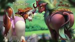  2019 asian_mythology autumn_blaze_(mlp) butt butt_focus chinese_mythology cinder_glow_(mlp) clothing dialogue east_asian_mythology english_text female feral friendship_is_magic hi_res kirin looking_at_viewer looking_back mercurial64 my_little_pony mythology outside panties rear_view solo take_your_pick text underwear 