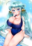  1girl ahoge ao_(ao_10bx) aqua_background aqua_hair aqua_theme blue_eyes blue_swimsuit blush breasts bursting_breasts cleavage collarbone cowboy_shot flower_knight_girl hair_ornament hair_rings highres huge_breasts isogiku_(flower_knight_girl) long_hair looking_at_viewer mole mole_under_eye oppai_loli poolside shiny shiny_hair shiny_skin sitting solo swimsuit twintails wet 