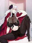  1girl ass azur_lane bangs black_coat black_legwear black_swimsuit blush breasts closed_mouth coat flower fur-trimmed_coat fur_trim graf_zeppelin_(azur_lane) graf_zeppelin_(beachside_urd)_(azur_lane) hair_between_eyes hair_flower hair_ornament hand_in_hair jacket_on_shoulders kimjunho knee_up large_breasts legs long_hair looking_at_viewer navel navel_cutout one-piece_swimsuit pantyhose pink_eyes silver_hair sitting solo spread_legs swimsuit thighs very_long_hair 