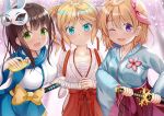  3girls :d ;d alternate_costume bandaged_arm bandages bangs blonde_hair blue_eyes blue_kimono blue_scarf blue_skirt blush bow breasts brown_hair bunny_mask closed_eyes commentary_request eyebrows_visible_through_hair flower gochuumon_wa_usagi_desu_ka? green_eyes hair_between_eyes hair_ornament hair_ribbon hakama holding holding_sheath hoto_cocoa japanese_clothes katana kimono kirima_sharo large_breasts long_hair mask mask_on_head medium_breasts multiple_girls niiya one_eye_closed open_mouth pink_flower pink_ribbon purple_eyes purple_hakama ready_to_draw red_hakama ribbon sarashi scarf sheath sheathed side_ponytail sidelocks skirt smile sweat sword ujimatsu_chiya weapon white_flower white_kimono yellow_bow 