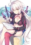 1girl :q ahoge bangs beach bikini black_bikini black_gloves black_jacket blurry blurry_background blush breasts choker cleavage commentary_request crossed_legs day eyebrows_visible_through_hair fate/grand_order fate_(series) gloves hair_between_eyes highres holding holding_notepad holding_pen jacket jeanne_d&#039;arc_(alter_swimsuit_berserker) jeanne_d&#039;arc_(fate)_(all) katana large_breasts long_hair looking_at_viewer multiple_swords nozomi_tsubame o-ring o-ring_bikini outdoors pen red_legwear revision shrug_(clothing) silver_hair single_thighhigh sitting smile solo swimsuit sword thighhighs tongue tongue_out very_long_hair weapon yellow_eyes 