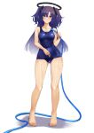  1girl absurdres alternate_costume bare_arms bare_legs bare_shoulders blue_archive blue_swimsuit blush breasts collarbone commentary_request covered_navel feet full_body halo highres holding holding_hose hose long_hair looking_at_viewer medium_breasts one-piece_swimsuit open_mouth purple_eyes purple_hair solo swimsuit taiyou-n two_side_up water wet wet_clothes wet_swimsuit white_background wide_hips yuuka_(blue_archive) 
