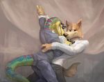  anthro black_tie_(suit) canid canine clothing dancing duo eyewear fox furgonomics gecko gex_(series) gex_the_gecko glasses klongi lizard male mammal reptile scalie spy_fox suit video_games 