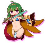  1girl :d ahoge armor bare_shoulders bikini_armor blue_footwear blush boots breasts brown_cape cape colored_shadow commentary_request drop_shadow fingerless_gloves full_body gloves green_hair grey_gloves groin hair_ornament hairclip hero_(sekaiju) highres holding holding_sword holding_weapon knee_boots long_hair multicolored multicolored_cape multicolored_clothes naga_u navel open_mouth pelvic_curtain purple_eyes red_cape sekaiju_no_meikyuu sekaiju_no_meikyuu_x shadow shield sidelocks small_breasts smile solo sword tiara upper_teeth v-shaped_eyebrows weapon white_background 