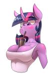  2019 absurd_res anthro big_breasts blush breasts chocolate_milk cleavage clothed clothing equid friendship_is_magic glass_tumbler hair hands-free_bubble_tea hi_res horn mammal meme my_little_pony nipple_outline portrait purple_eyes purple_hair solo straw twilight_sparkle_(mlp) underpable unicorn 