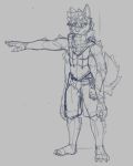  4_arms accessory anthro barefoot bottomwear canid canine clothing eyewear glasses guide_lines headband jacket line_art male mammal multi_arm multi_limb multi_pec multifur scribblebeast shorts sketch solo standing topwear 