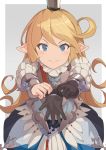  1girl blonde_hair blue_eyes blush brown_gloves charlotta_fenia closed_mouth crown gloves gloves_removed granblue_fantasy grey_background harvin hinami_(hinatamizu) long_hair looking_at_viewer pointy_ears smile solo 