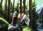  2019 5_fingers anthro avian beak day detailed_background digital_media_(artwork) feathered_wings feathers fingers forest gryphon lukiri male outside sky solo tree wings yellow_eyes 