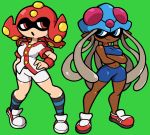  2girls blue_eyes buttons clothed clothing crossed_arms crossover dark-skinned_female dark_skin dark_skinned_female digital_media_(artwork) female female_focus group hair hand_on_hip inkling legs looking_at_another medium_breasts navel nintendo octillery open_mouth pants pokemon pokemon_(creature) pokemon_(game) pokemon_gsc pokemon_rgby red_eyes shenanimation shirt shoes shorts socks splatoon splatoon_(series) tentacle_hair tentacles tentacruel 