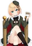  &gt;:) 1girl armchair beret black_bow black_headwear black_legwear black_ribbon blonde_hair blush bow chair closed_mouth commentary_request crossed_legs cup dress fate_(series) green_dress green_eyes hair_ribbon hat head_tilt holding holding_cup kavka kneehighs long_sleeves lord_el-melloi_ii_case_files reines_el-melloi_archisorte ribbon short_hair simple_background sitting smile solo tilted_headwear v-shaped_eyebrows white_background 