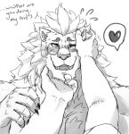  &lt;3 anthro bodily_fluids claws disembodied_hand english_text eyewear felid first_person_view fluffy flying_sweatdrops ghangaji kemono lion male mammal mane monocle pantherine sketch smile snow_(tas) solo solo_focus sweat sweatdrop text tokyo_afterschool_summoners video_games whiskers 